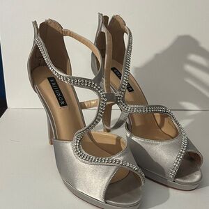 Women's Silver Heels with Rhinestone Detailing